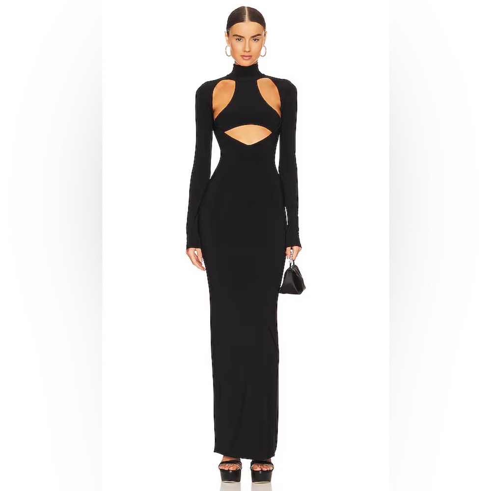 NWT LAQUAN SMITH Size L Cutout Stretch Jersey Turtleneck Gown Maxi Dress Black